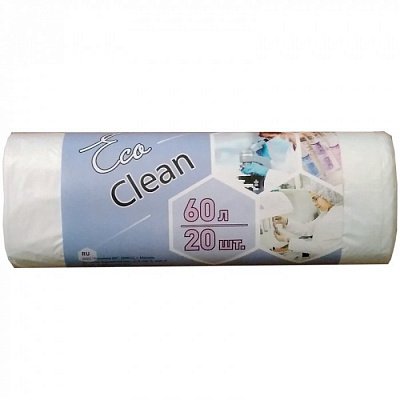 60л, ПНД, 20шт, рулон, белые, 7мкм, 58*68см пакеты д/мусора EcoClean 1/45