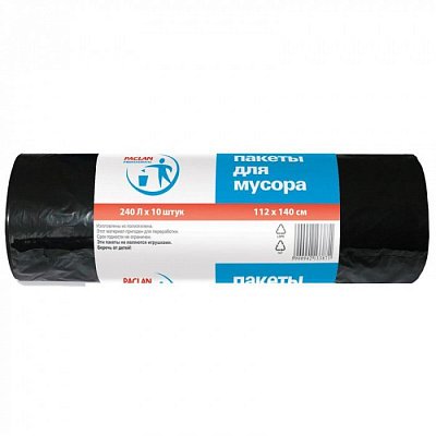 240л, ПВД, 10шт, рулон, черные, 30мкм, 112*140см пакеты д/мусора PROFESSIONAL 1/9